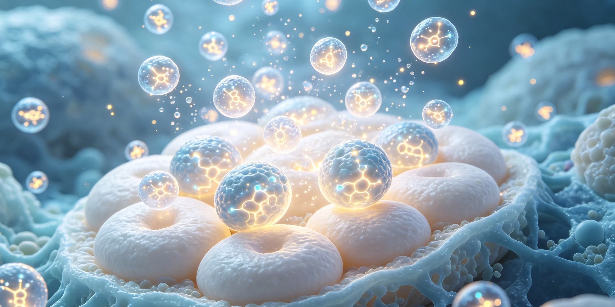 Microscopic view of skin cells releasing glowing exosome vesicles carrying protein signals