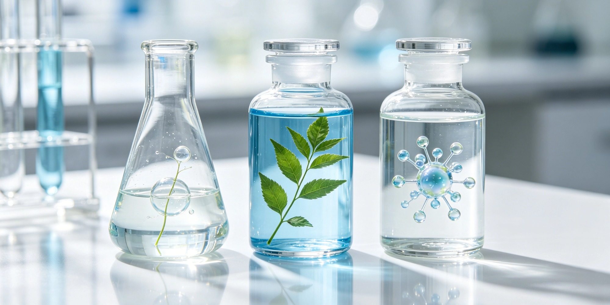 Three glass vials in a clean laboratory representing stem cell, plant-derived, and bioengineered exosome sources