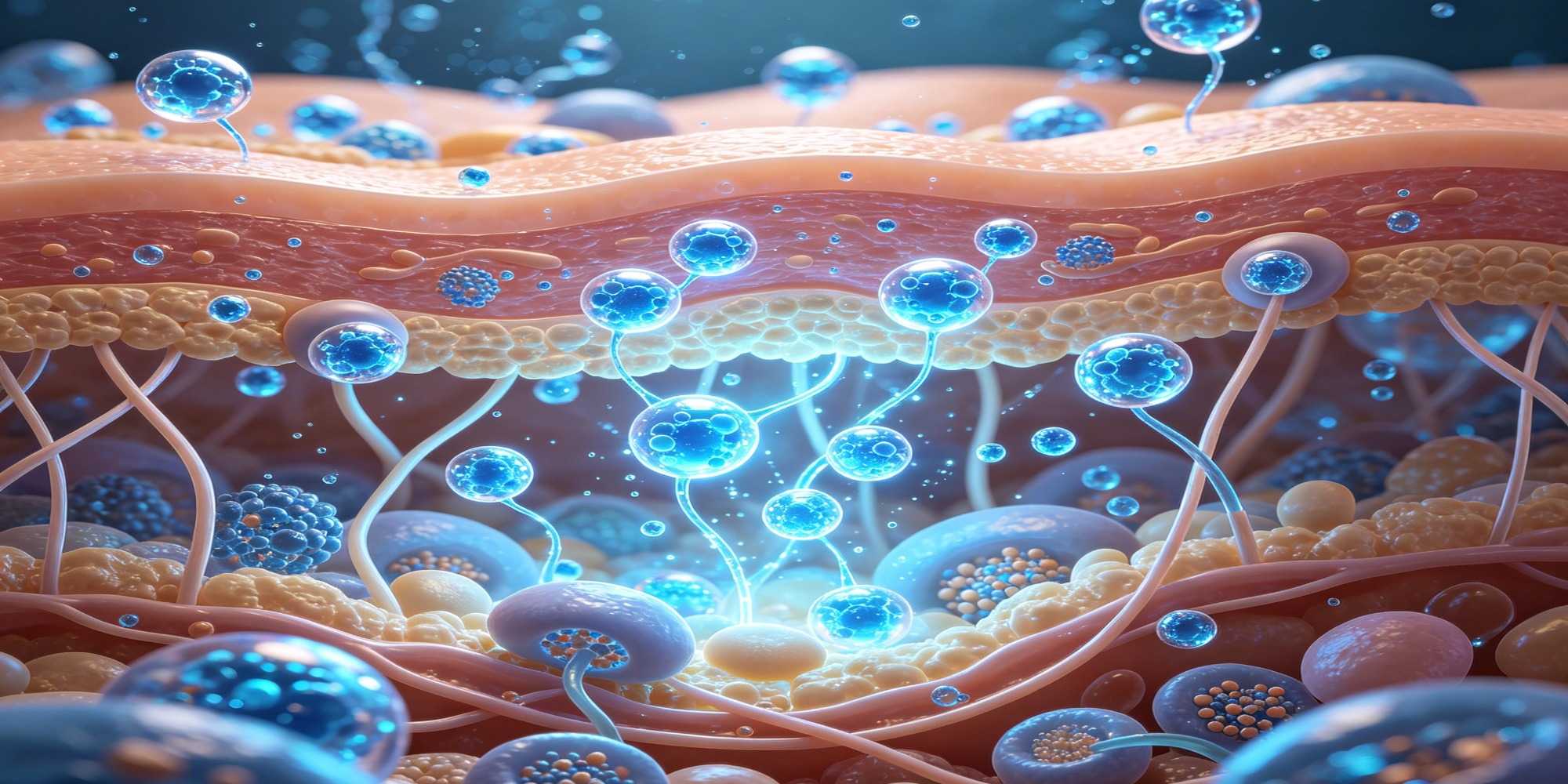 Cross-section of human skin showing exosomes penetrating dermis and stimulating collagen production